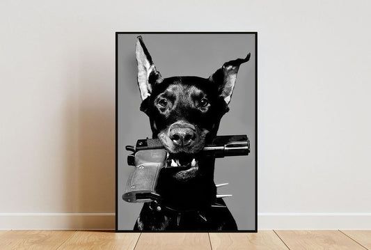 Hypebeast Modern Black White Doberman Gun Luxury Fashion Poster