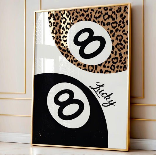 Vintage Prints, Leopard Cheetah Print, 8 Ball Lucky, Black and White, Trendy Wall Art, Gallery Preppy, Luxury Home Decor